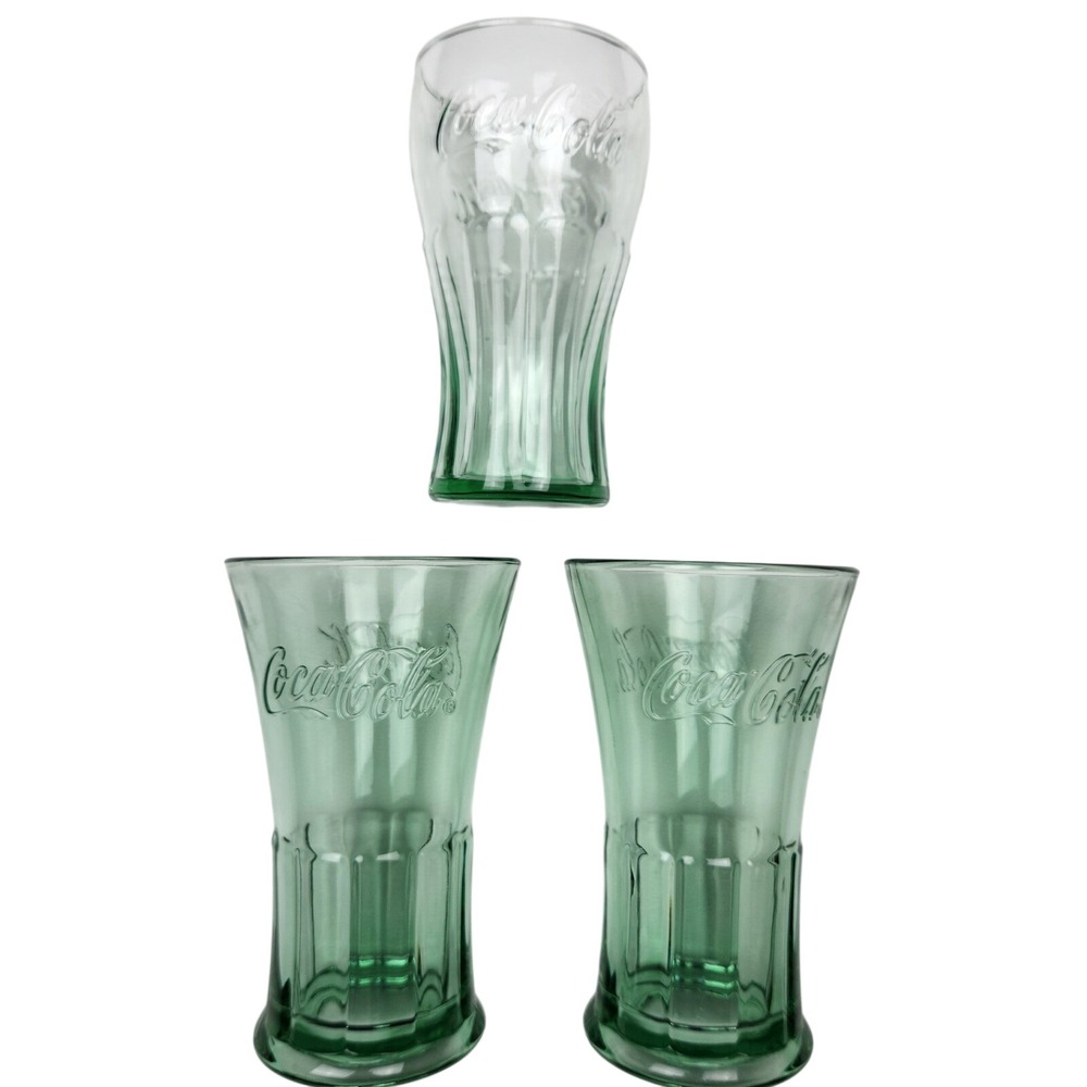 Coca Cola Green Ribbed Embossed Drinking Glasses (3) Vintage‎ Style Replacement